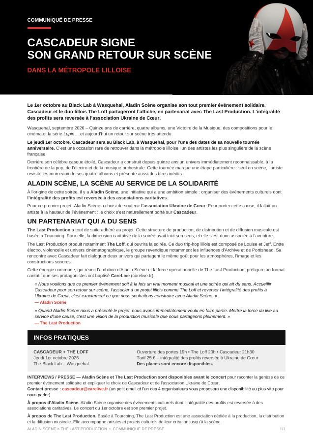 Aperçu de la première page du communiqué de presse Cascadeur et The Loff